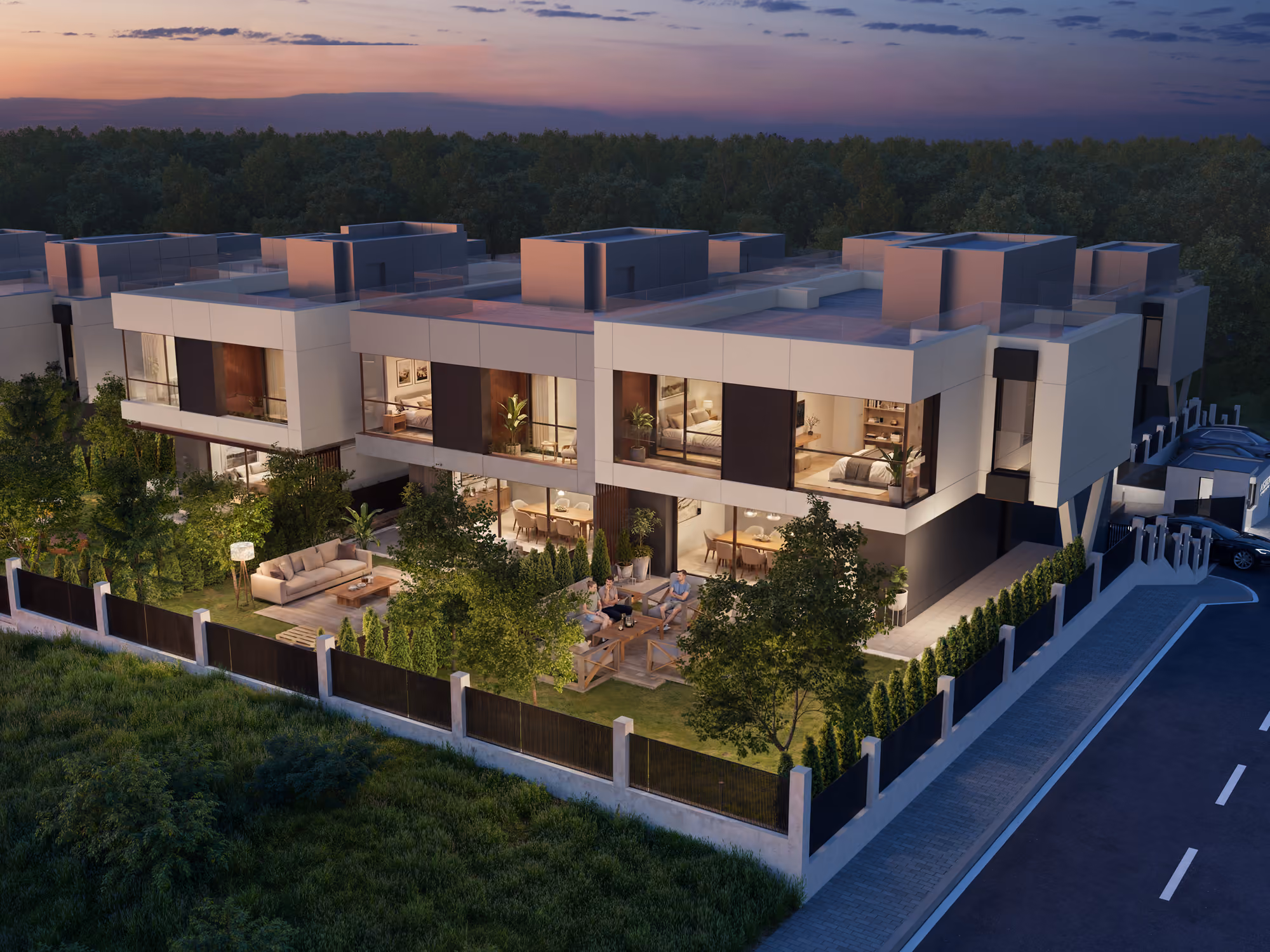 Corner aerial view of townhouses and garden terraces