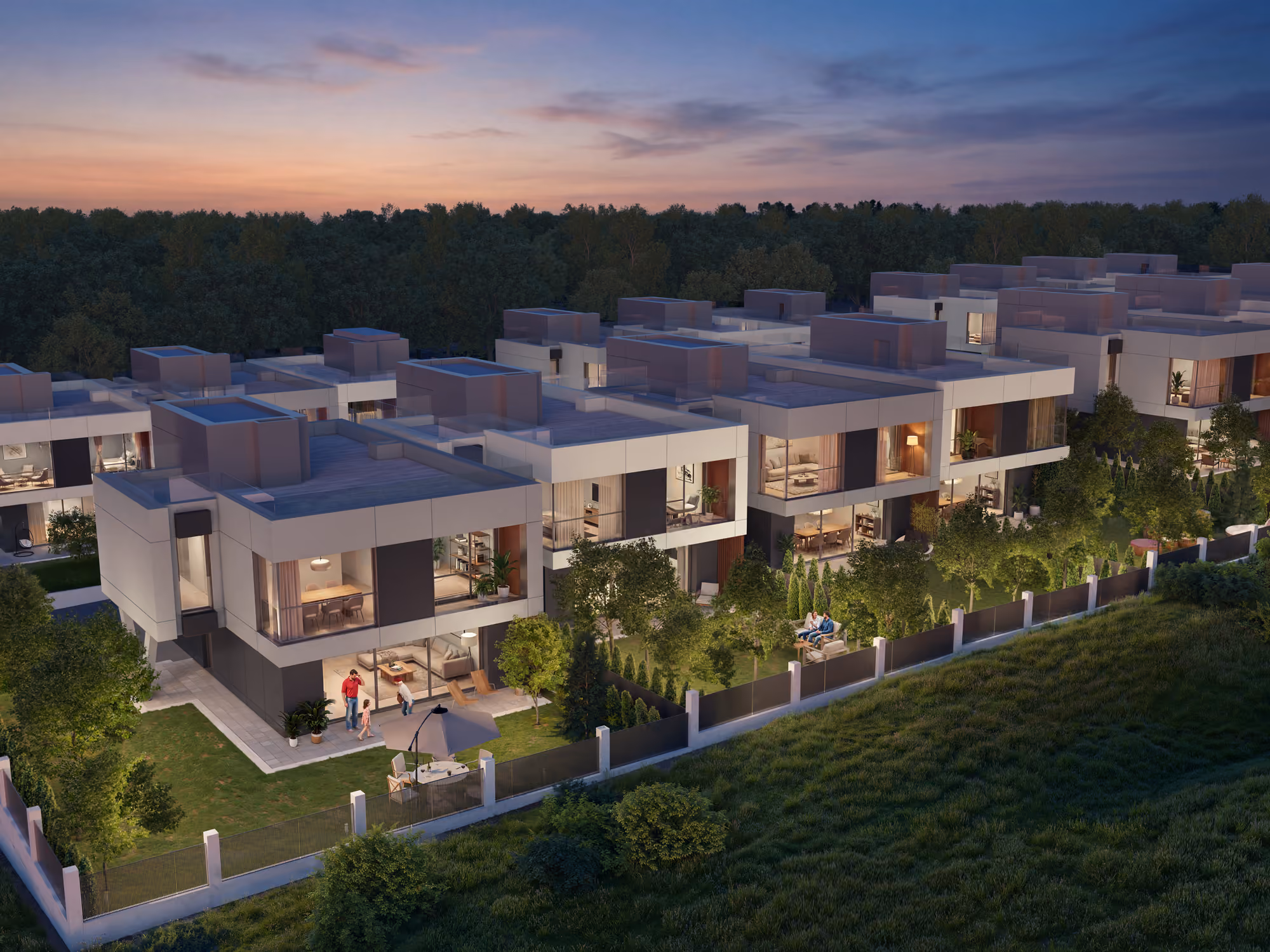 Oblique view along the residences at dusk