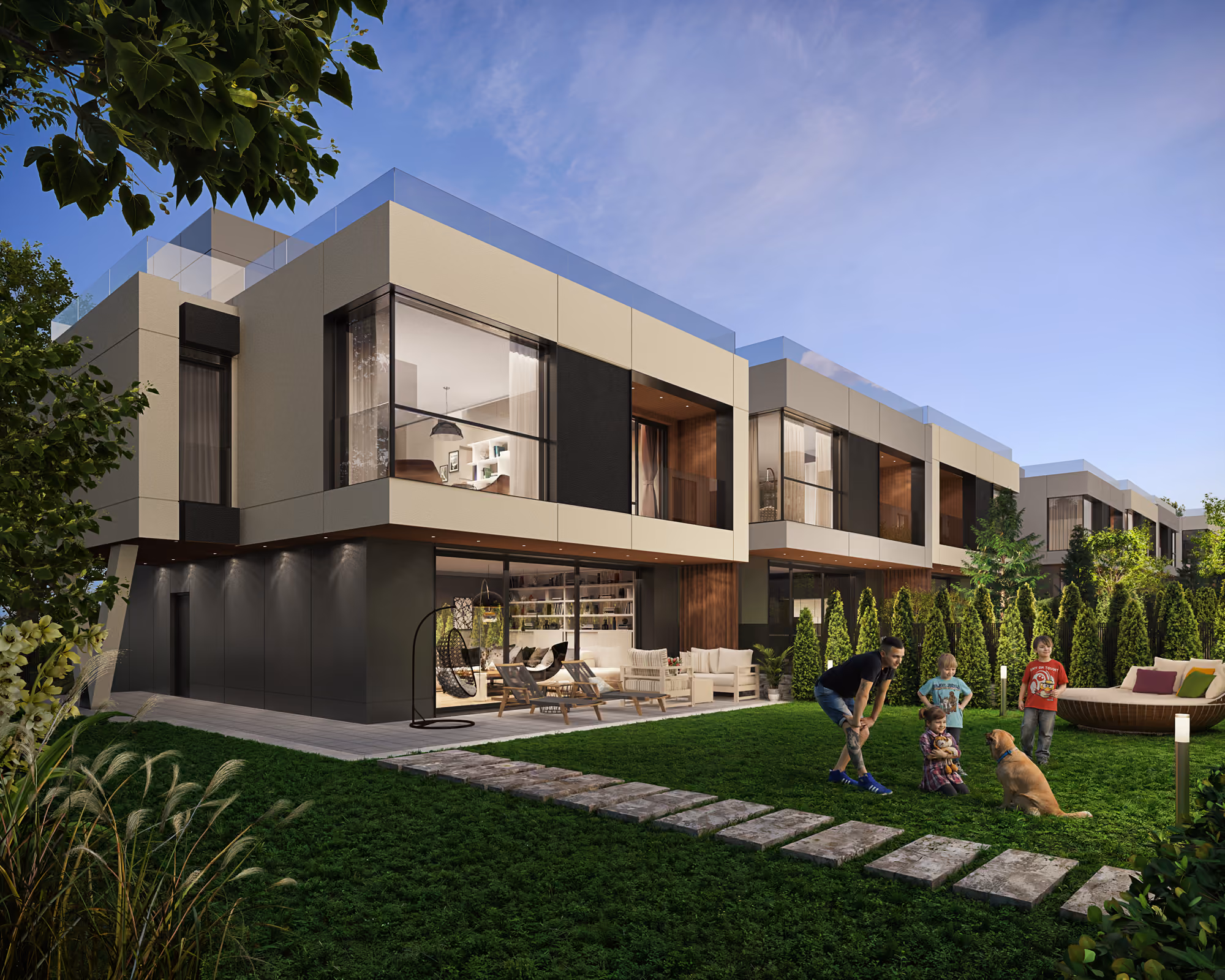 Garden terrace and contemporary townhouse facade