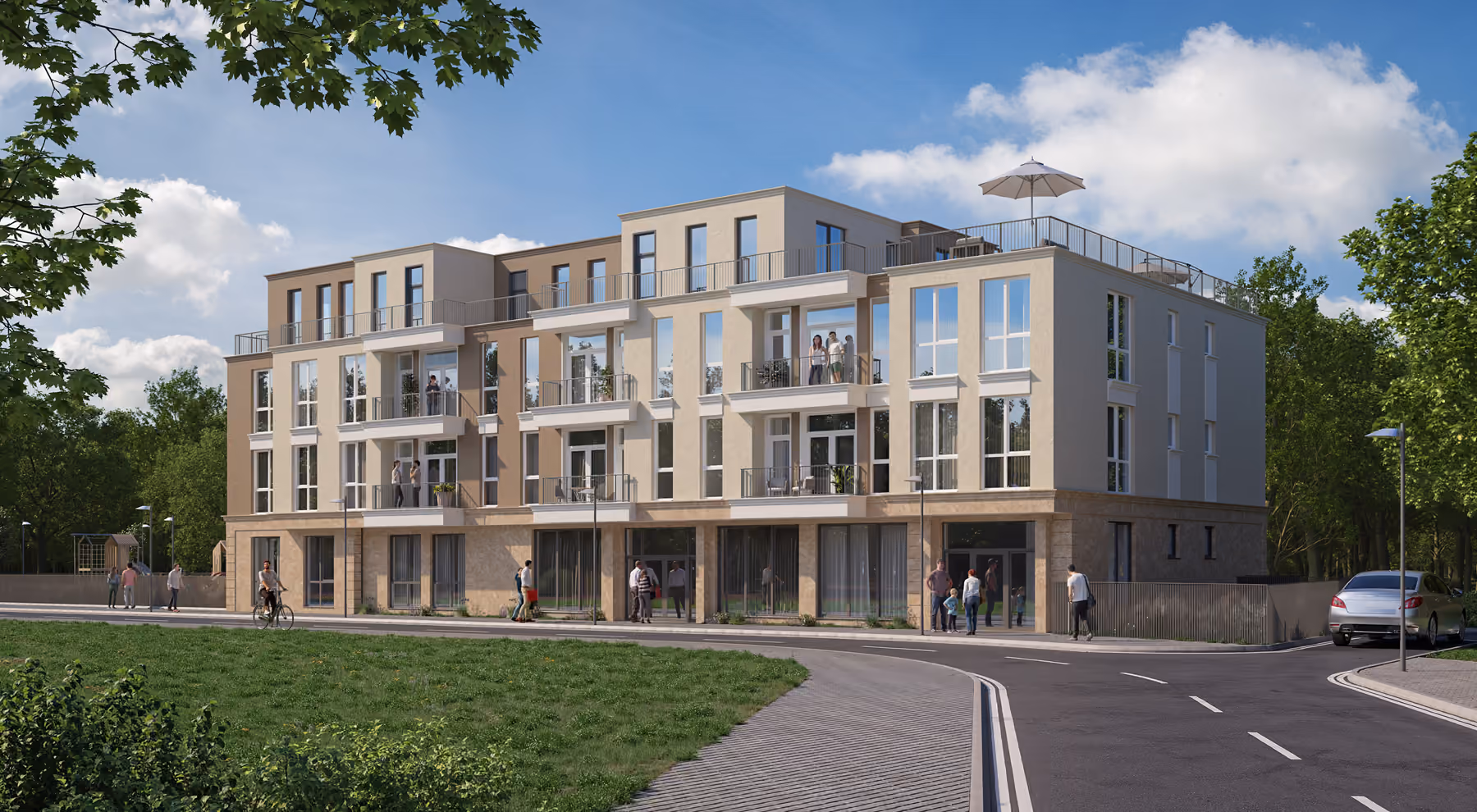 Street corner view of the residential building and rooftop terrace