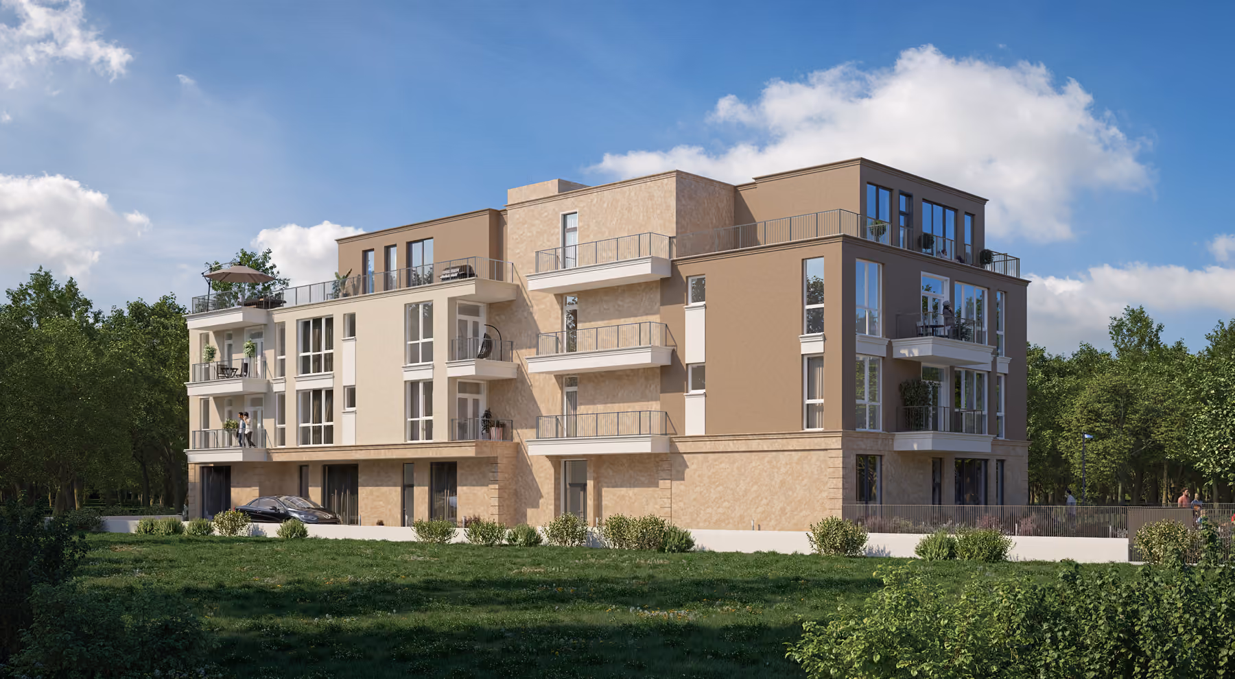 Rear corner view with projecting balconies and metal railings