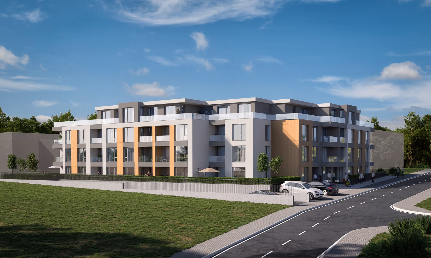 Corner view of the residential building and parking area