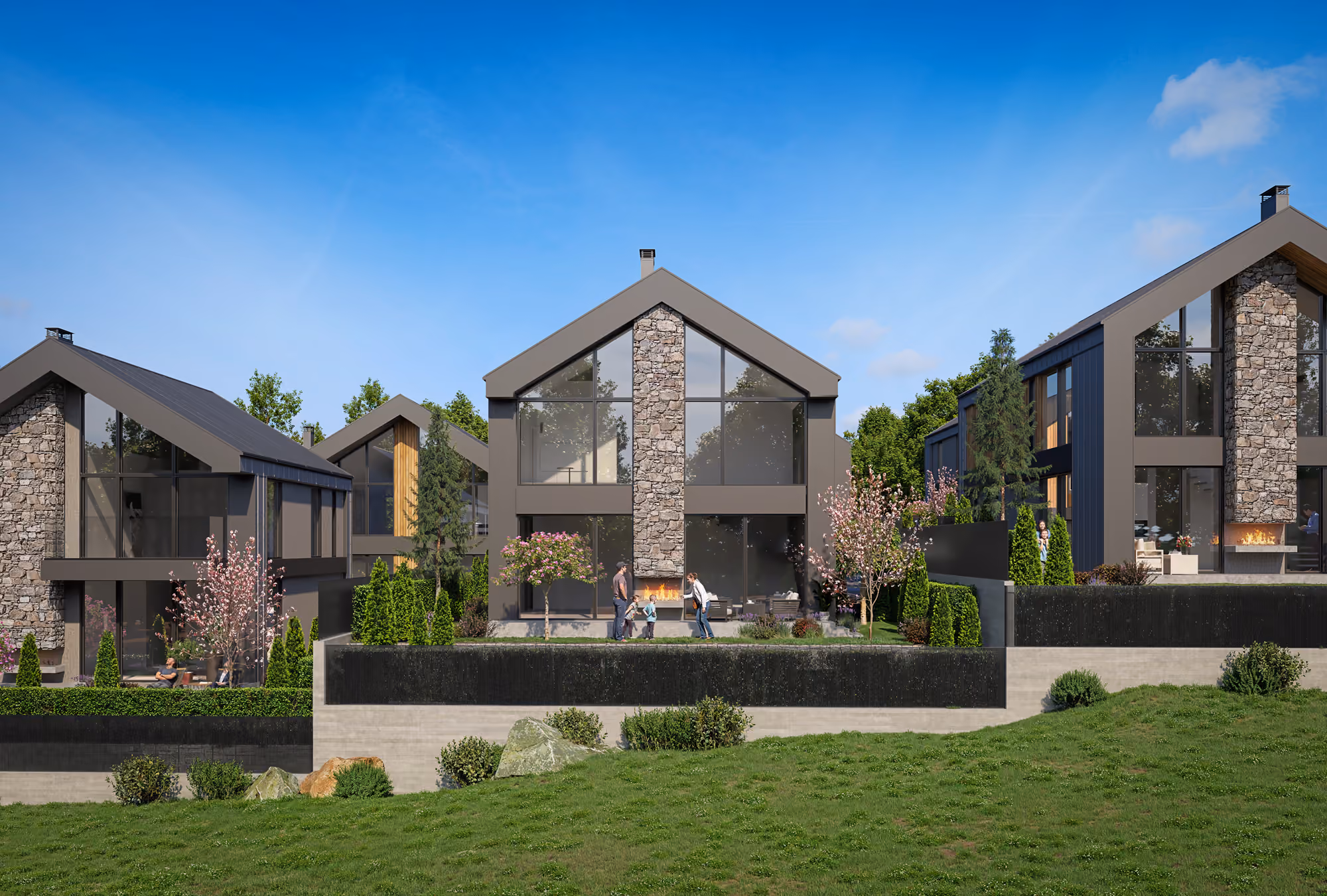 Front view of the homes with stone chimneys and outdoor fireplaces