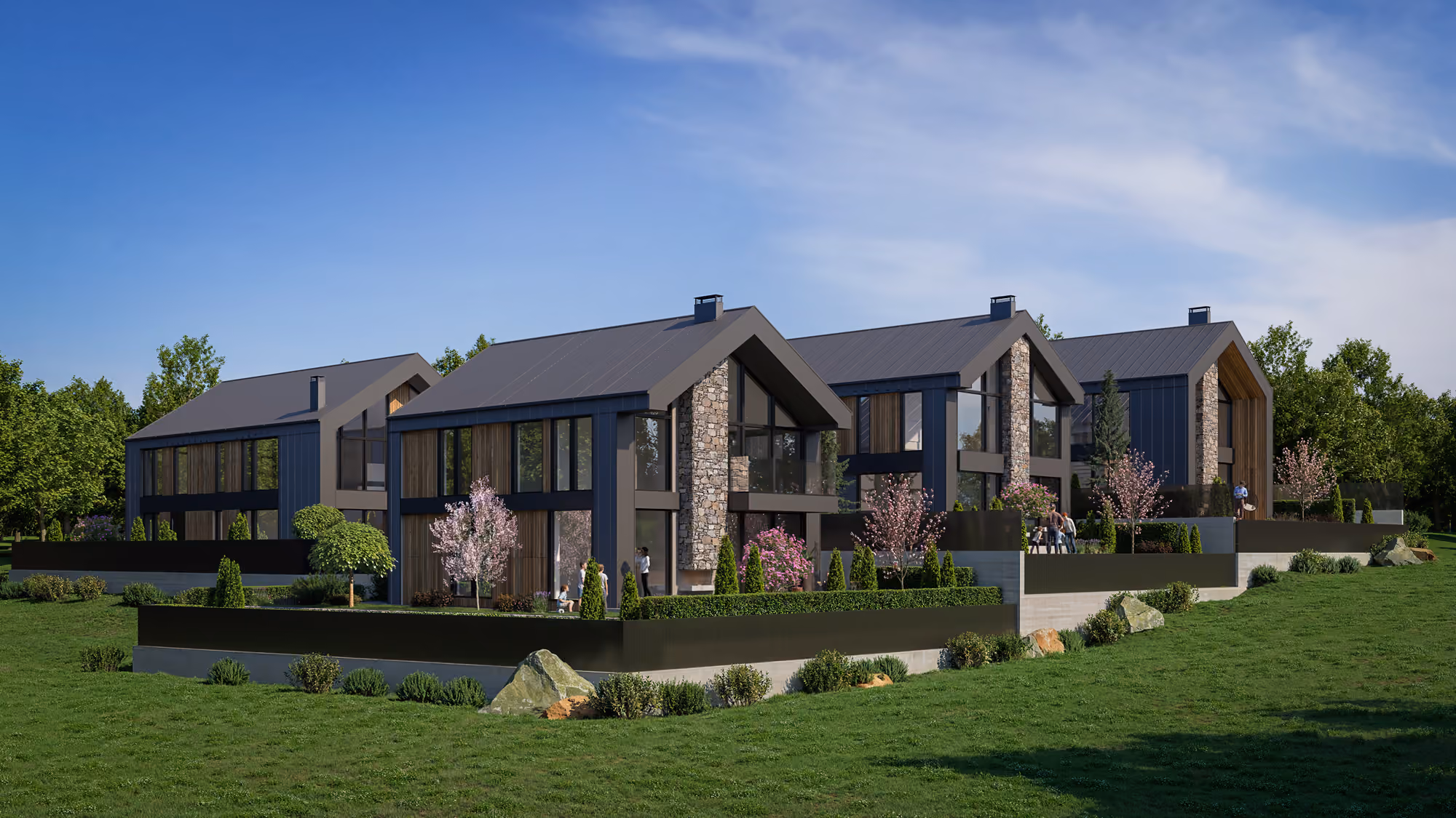 Wide view of the residential complex and sloping gardens