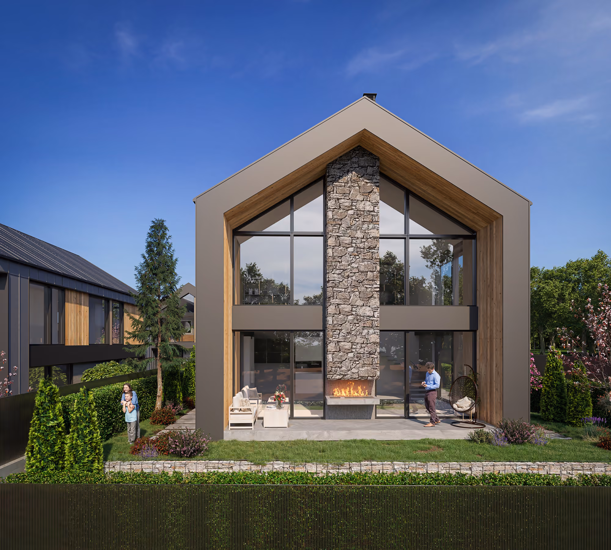 House facade with full-height glazing and a terrace fireplace