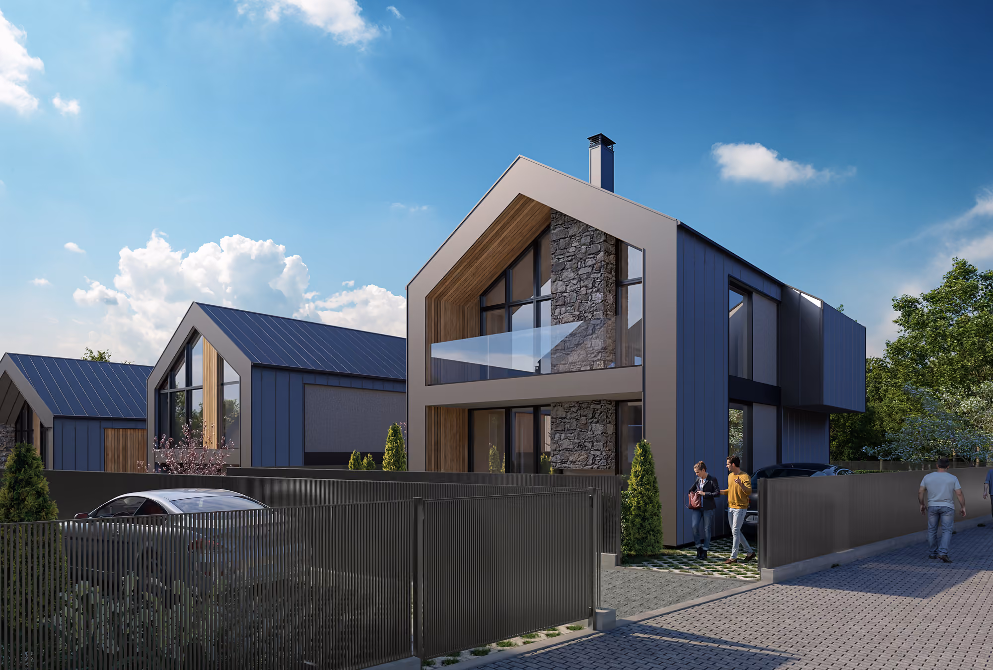 Street view of the dark-clad homes with wood accents