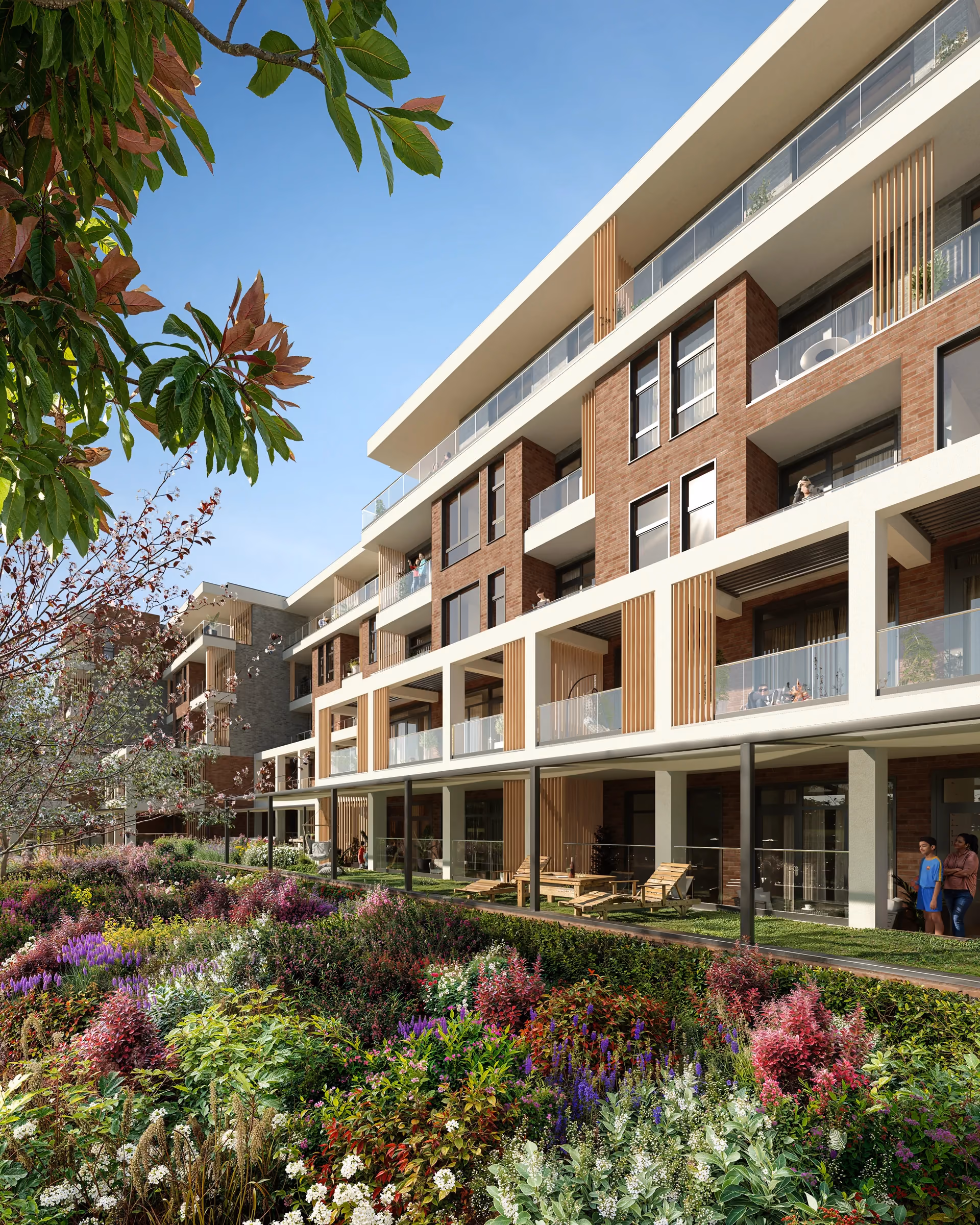 Garden-level view of the balconies and planted courtyard