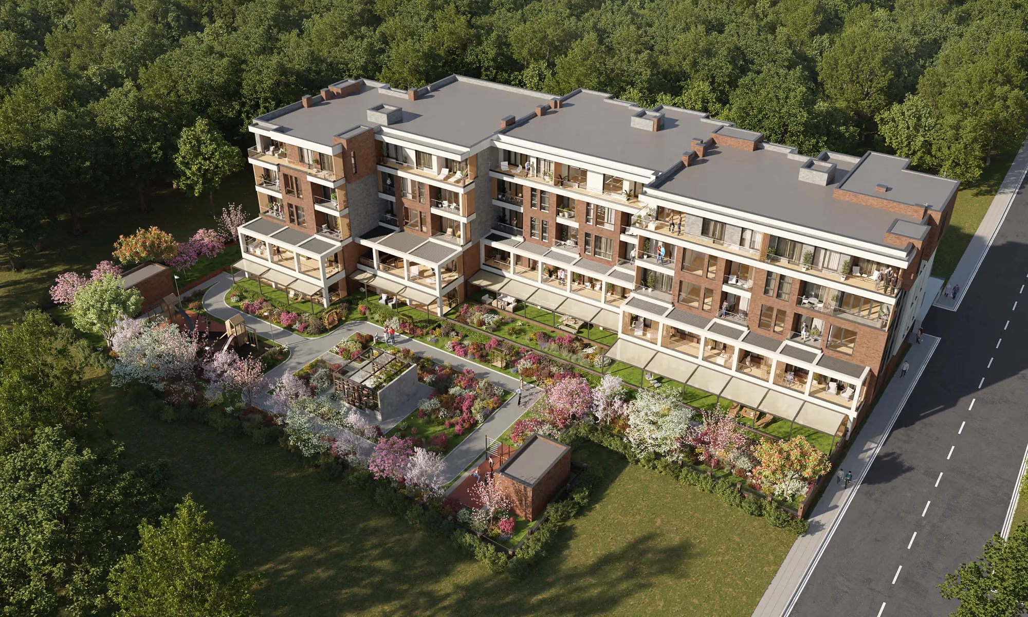 Aerial view of the residential building, courtyard, and surrounding trees