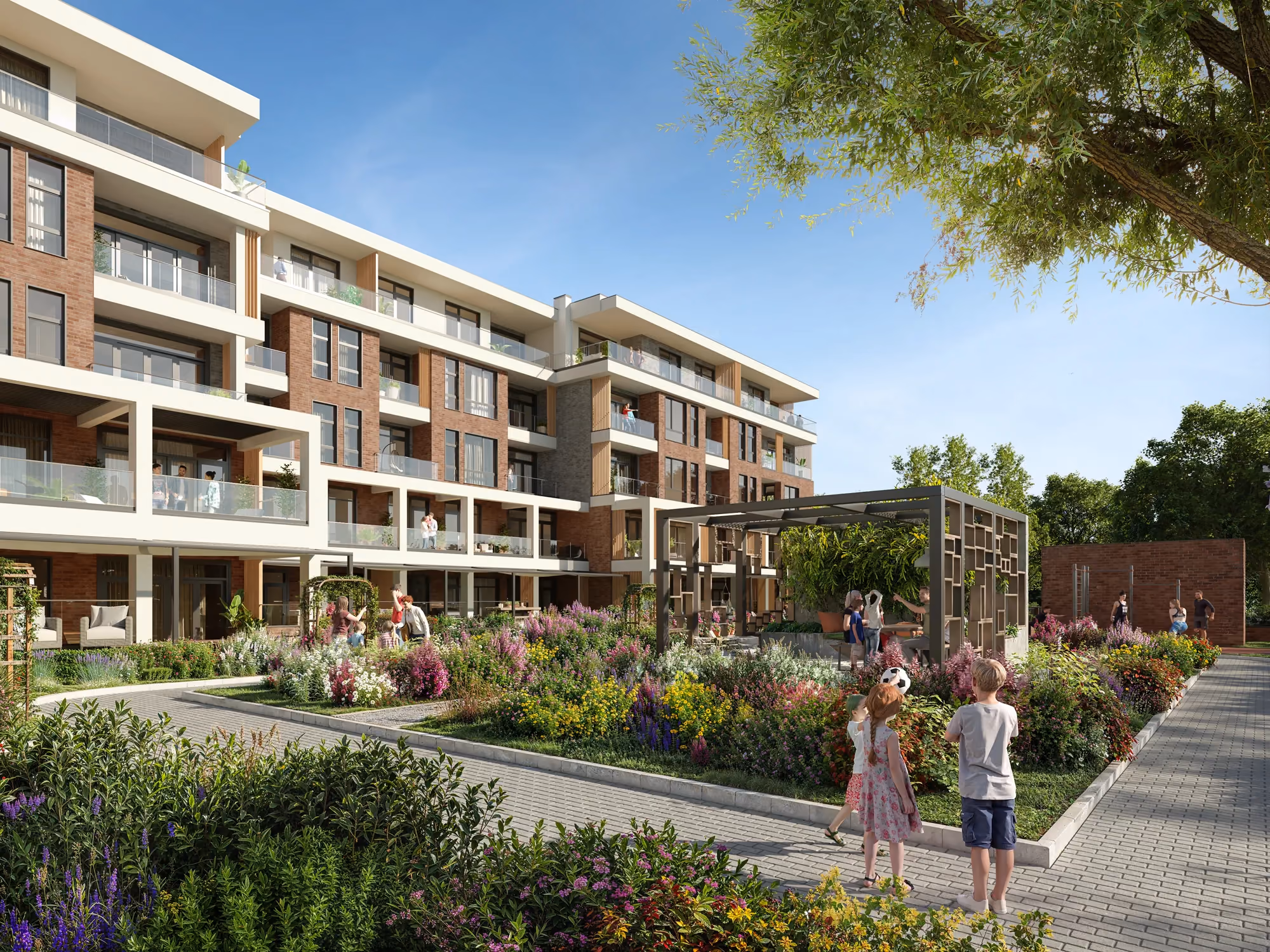 Courtyard garden with a pergola, walking paths, and residential terraces