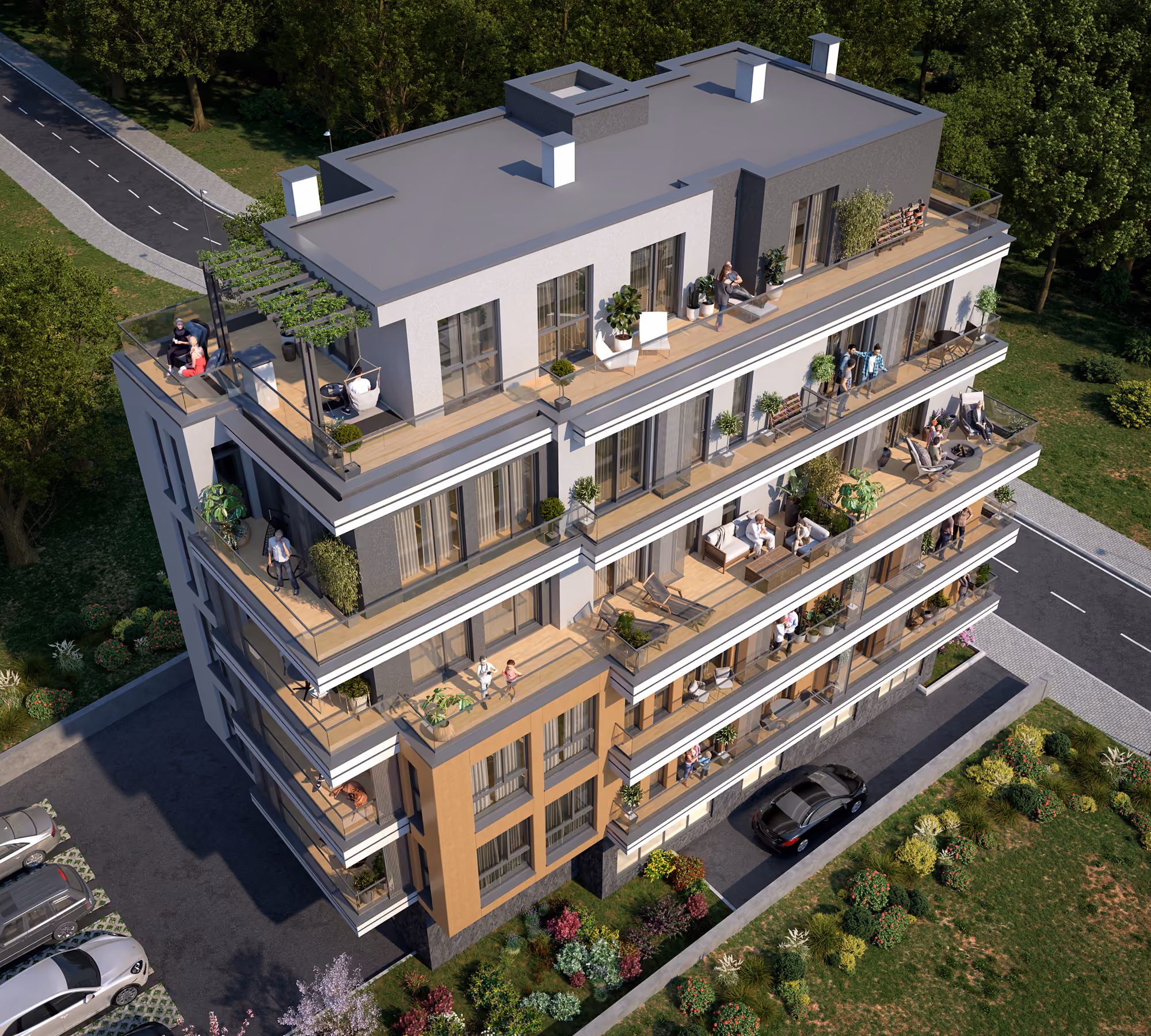 Aerial view of the roof terraces and balconies