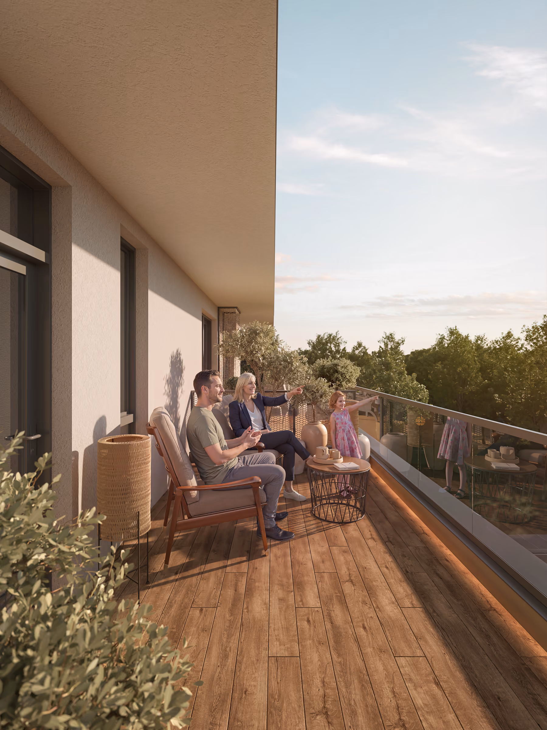 Family enjoying a sunlit residential balcony