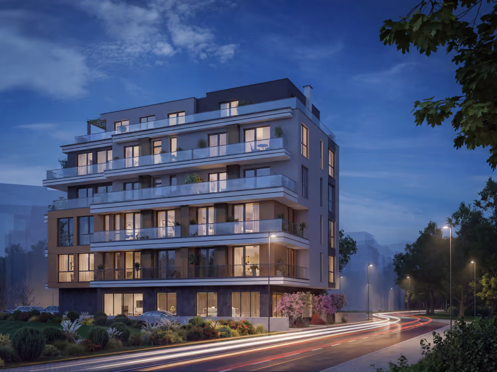 Night view of the Sofia residential building with illuminated balconies